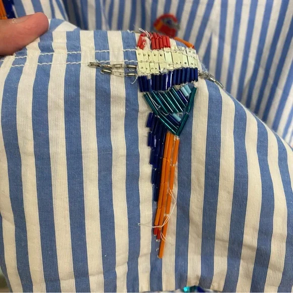 Anthropologie Maeve Tie Back A Line Maxi Dress Striped Blue Beaded Birds 24W - Picture 8 of 16